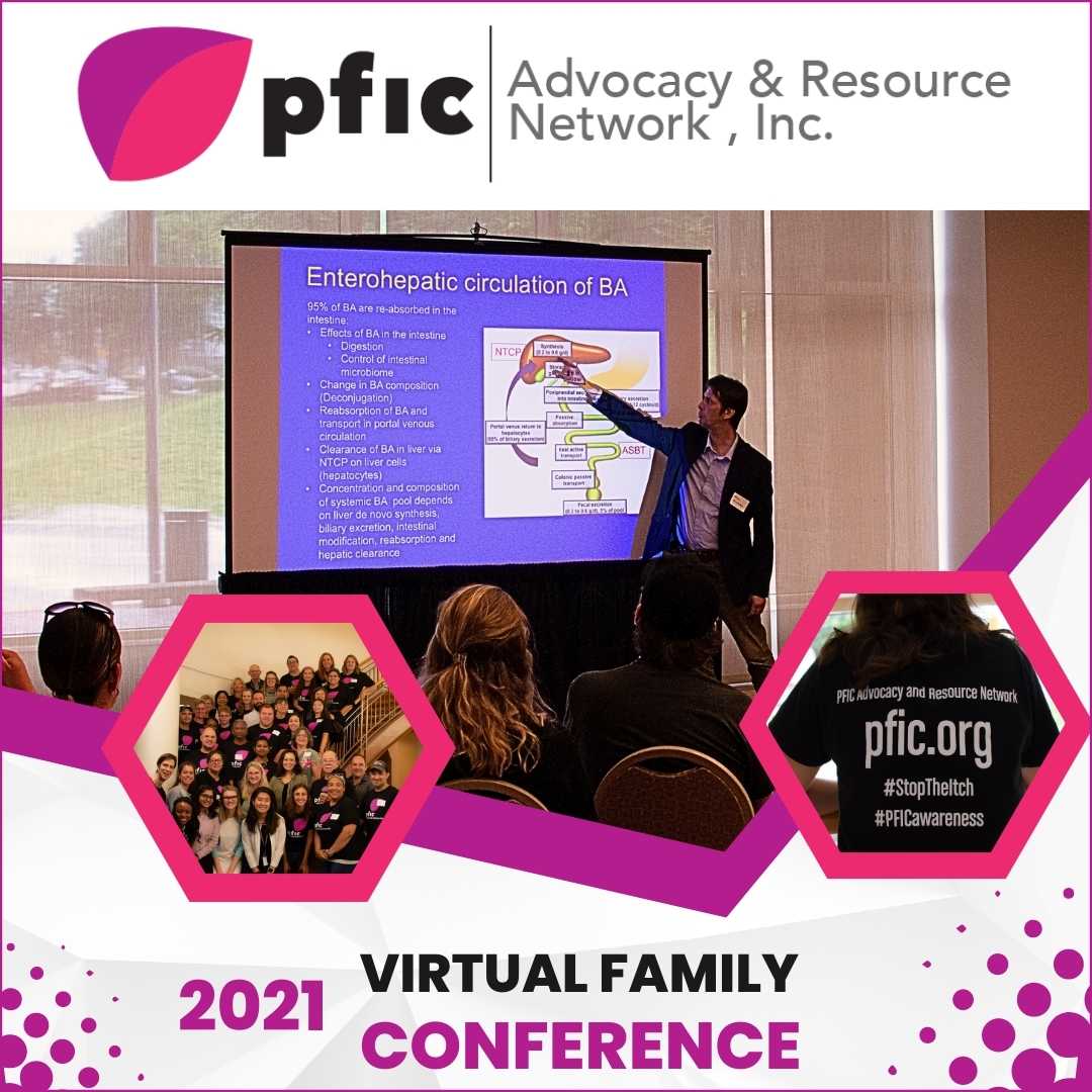 graphic for the 2021 virtual family conference. It shows the PFIC network logo and a photo collage of conference attendees.