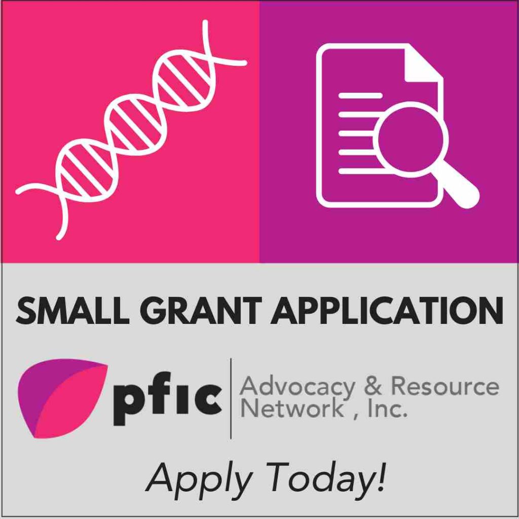 illustration of a dna helix, a page of text with a magnifying glass, the pfic network logo and the words "Small Grant Application. Apply Today!"