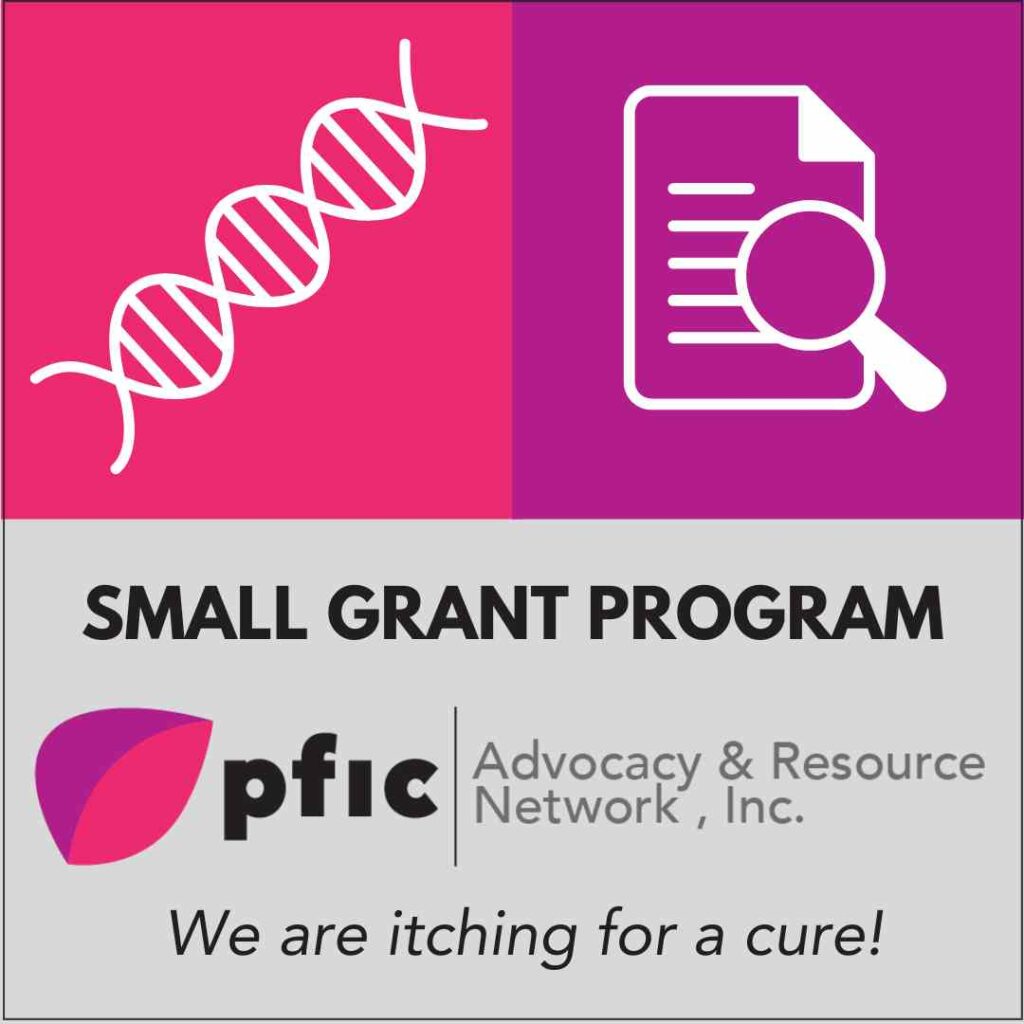 illustration of a dna helix, a page of text with a magnifying glass, the pfic network logo and the words "Small Grant Program. We are itching for a cure!"