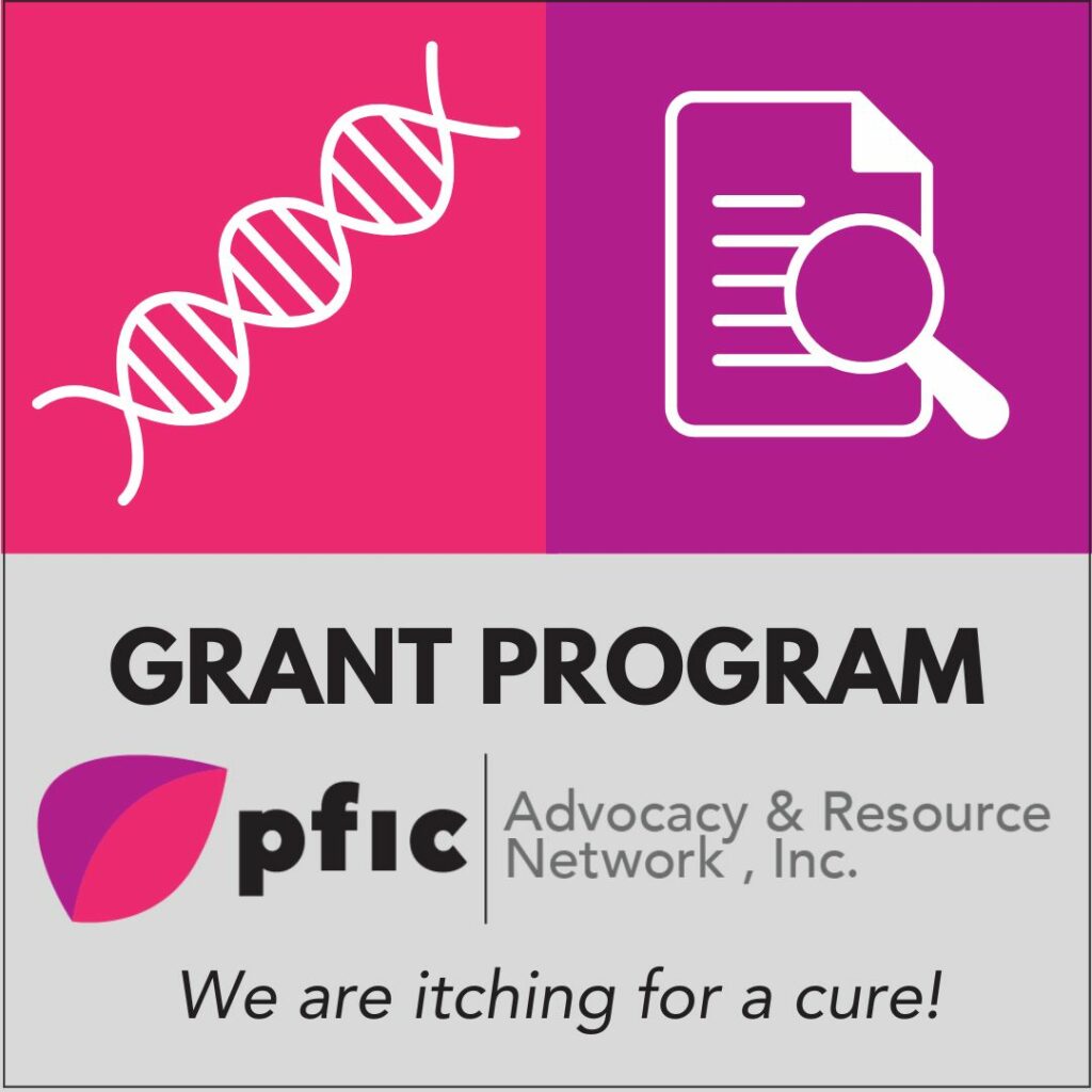 illustration of a dna helix, a page of text with a magnifying glass, the pfic network logo and the words "Small Grant Program. We are itching for a cure!"