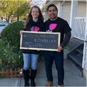 photo of advisory committee leader Alex Perez. Photo of a woman standing with a man holding a sign that reads "#PficAwareness #StopTheItch www.pfic.org"