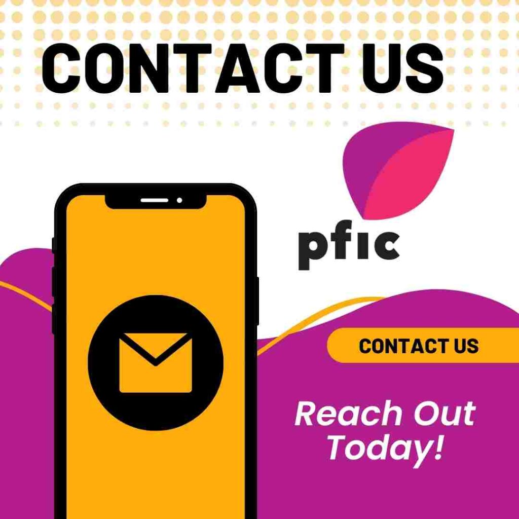 illustration of the pfic network logo and a smartphone with an email icon on the screen and the words "contact us", and "reach out today". 