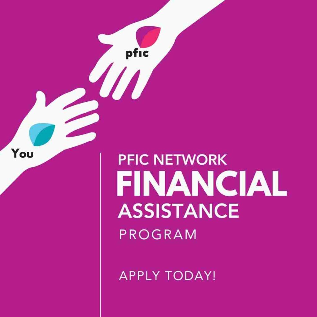 graphic of two helping hands with the pfic network logo and the words "PFIC network financial assistance program. Apply today!"
