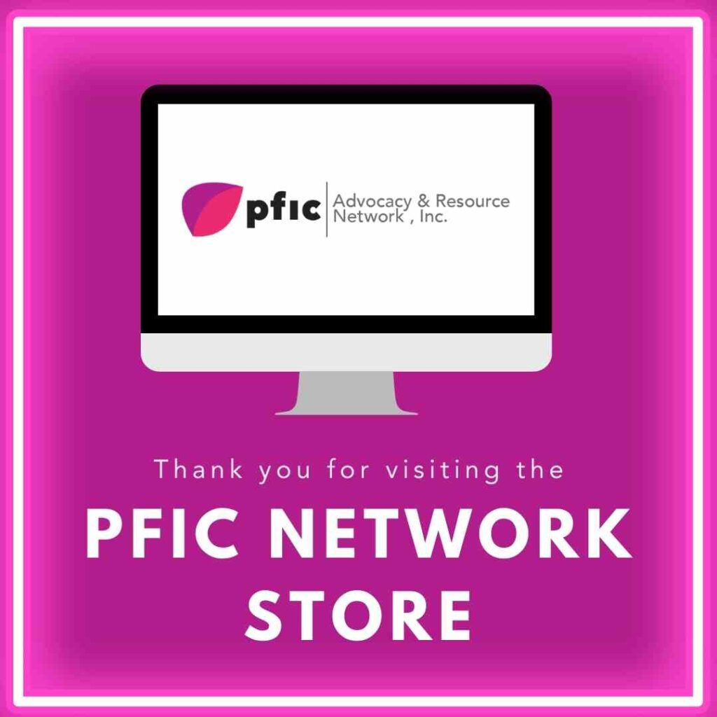 illustration of a computer monitor with the PFIC network logo on the screen. Below are the words "thank you for visiting the PFIC Network Store"