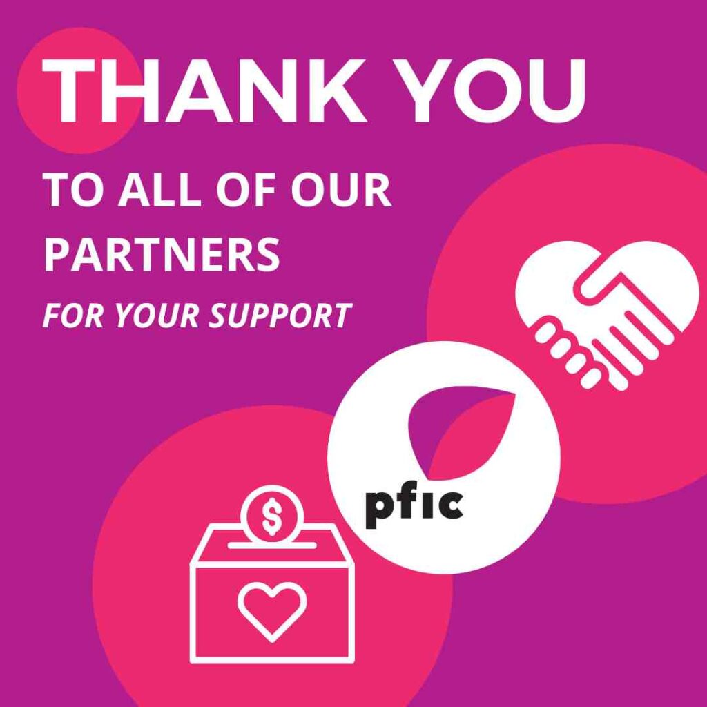 graphic with the words "thank you to all of our partners for your support" along with the pfic network logo and a drawing of hands clasped together.